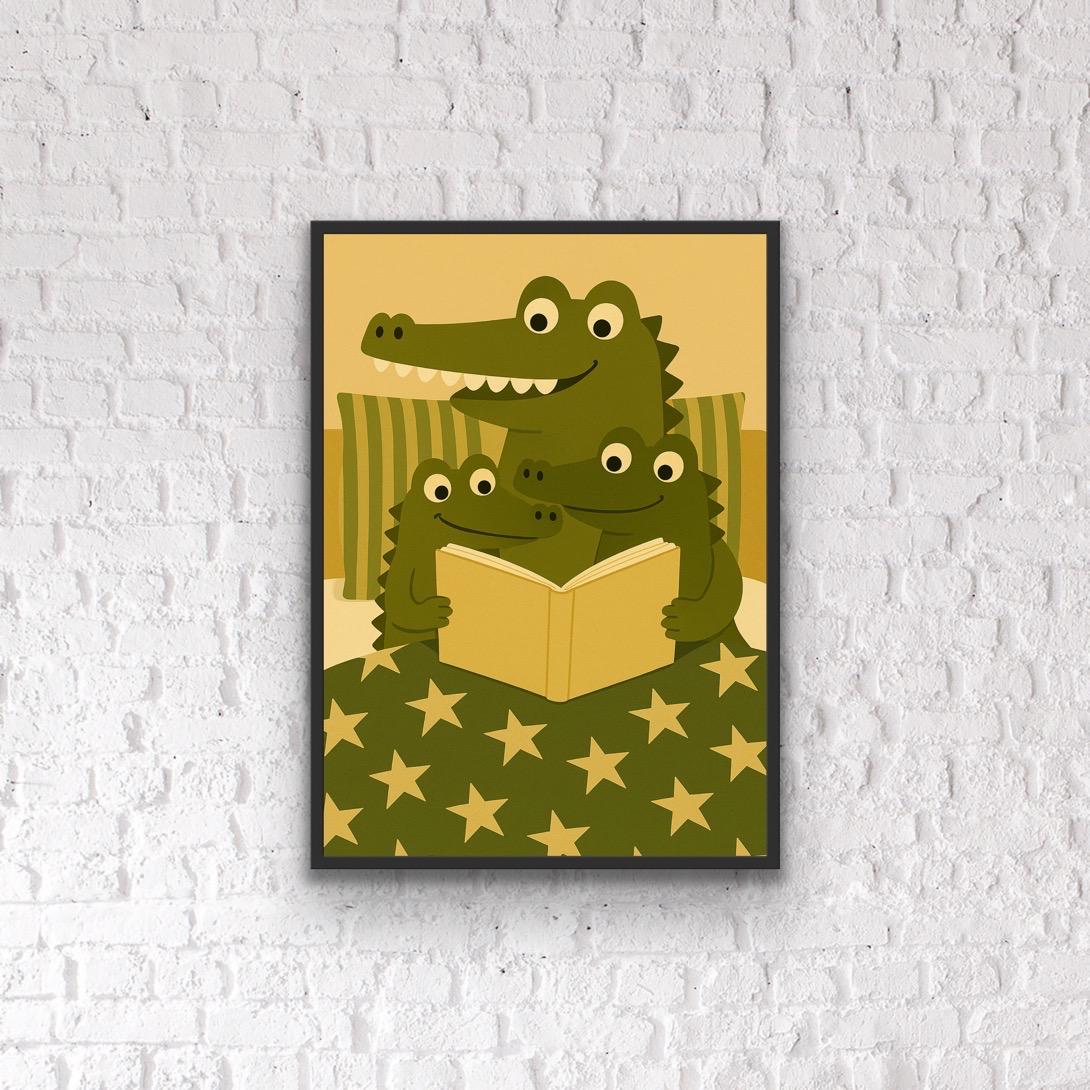 Crocodile Family Reading Print | Nursery Wall Art | Cute Animal Print for Kids Room | Storytime Crocodile Illustration | Nursery Decor