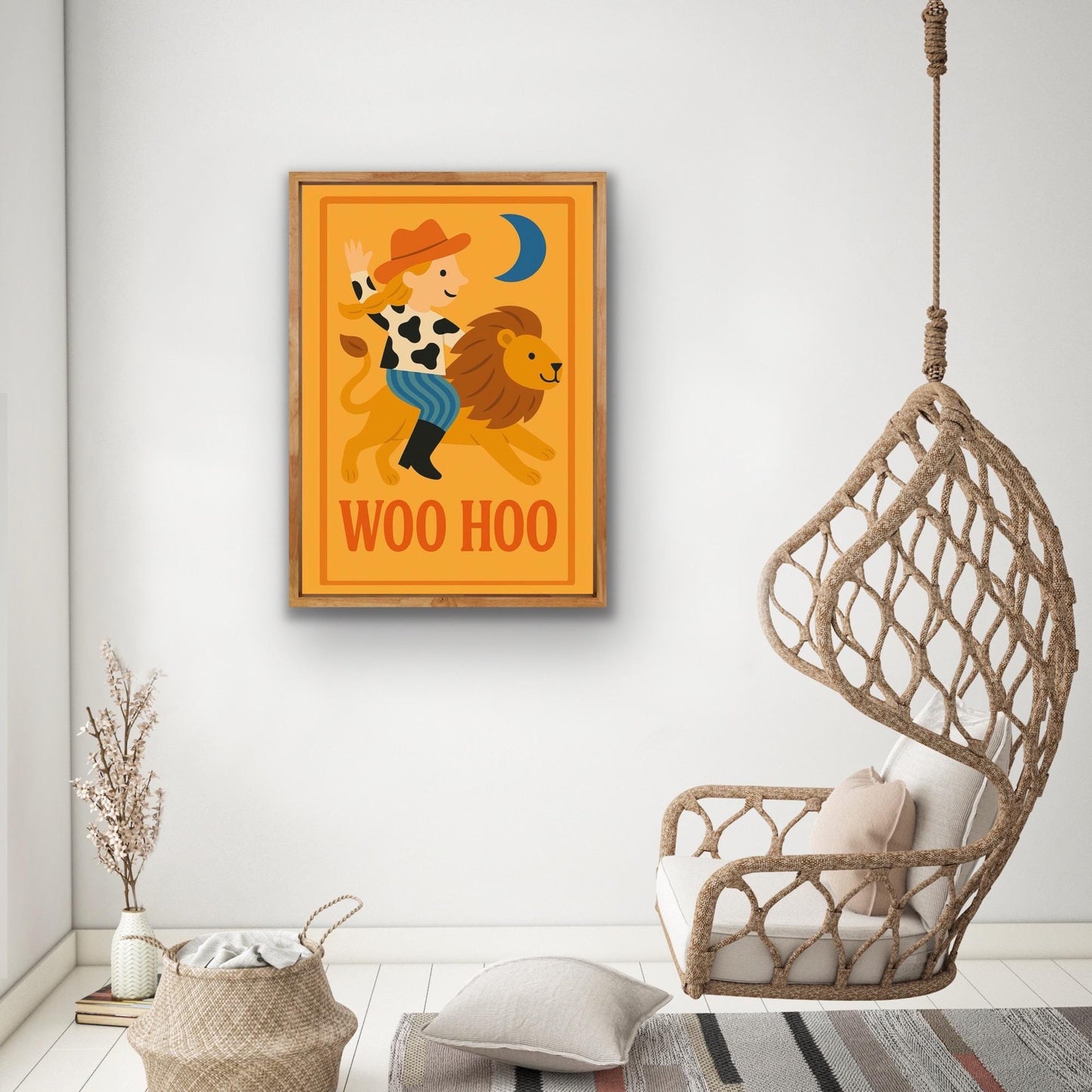 Woo Hoo Cowgirl and Lion Print | Kids Wall Art | Retro Western Nursery Print | Bold Animal Illustration | Playroom or Bedroom Decor