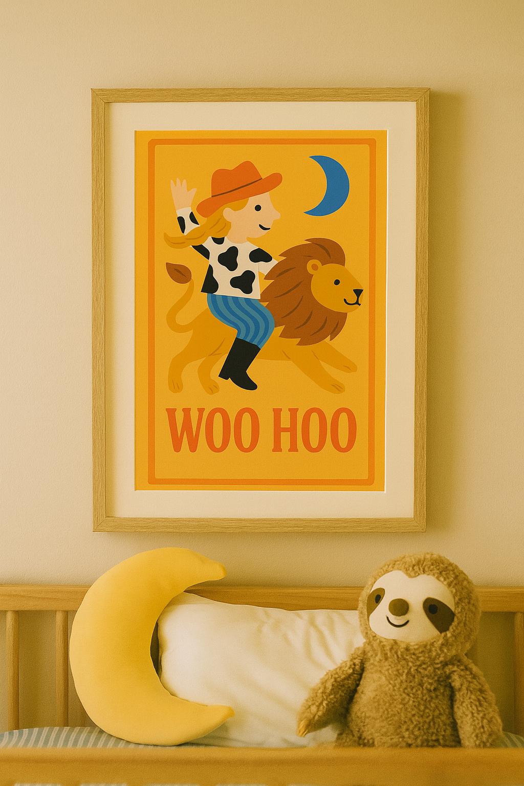 Woo Hoo Cowgirl and Lion Print | Kids Wall Art | Retro Western Nursery Print | Bold Animal Illustration | Playroom or Bedroom Decor