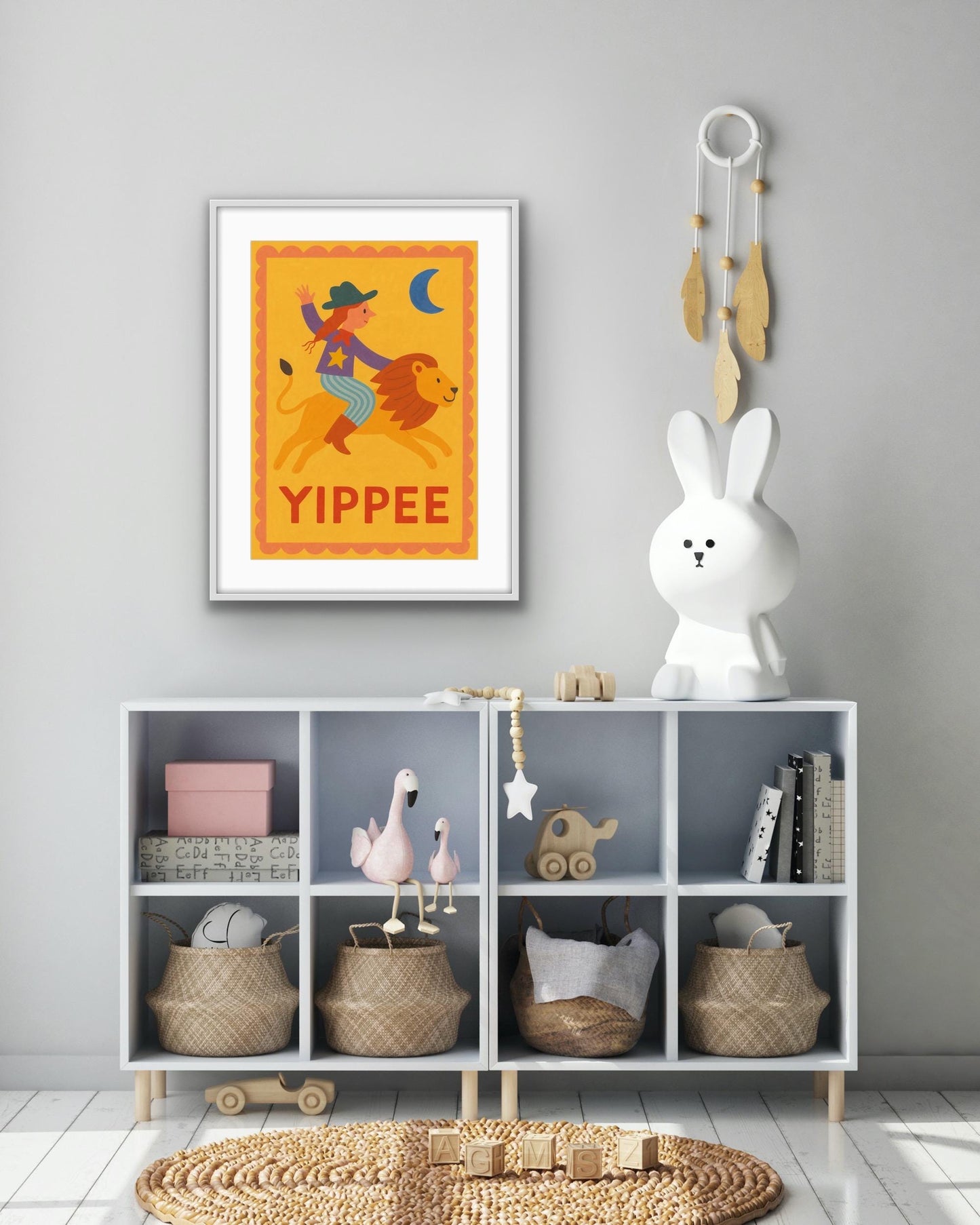 Yippee Cowgirl and Lion Print | Retro Kids Wall Art | Bold Colourful Nursery Print | Adventure Bedroom Decor | Western Style Kids Room