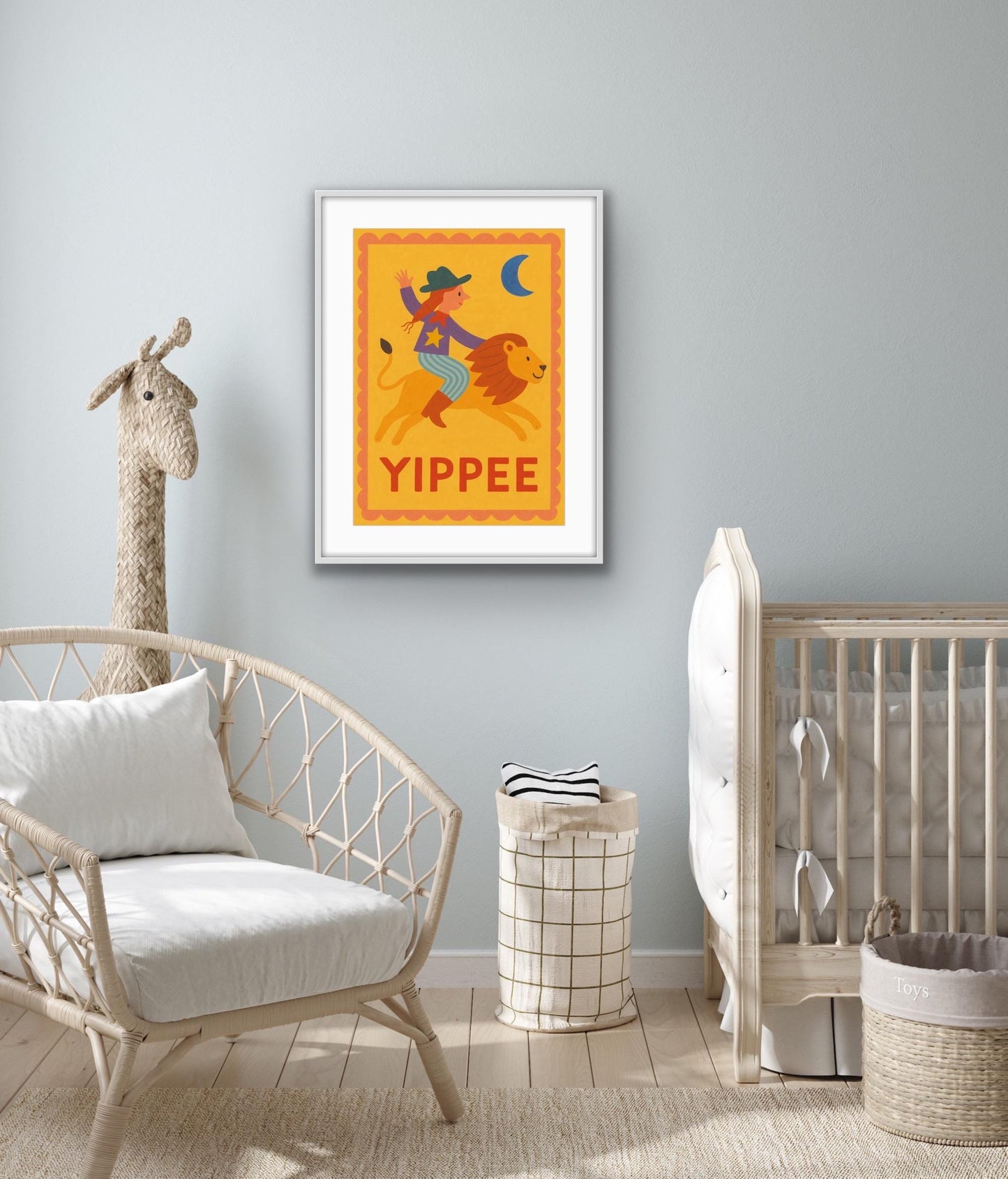 Yippee Cowgirl and Lion Print | Retro Kids Wall Art | Bold Colourful Nursery Print | Adventure Bedroom Decor | Western Style Kids Room