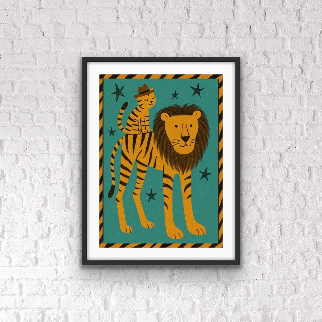 Quirky Lion Print | Retro Animal Wall Art | Kids Bedroom Decor | Whimsical Jungle Nursery Print | Bold Colourful Animal Illustration
