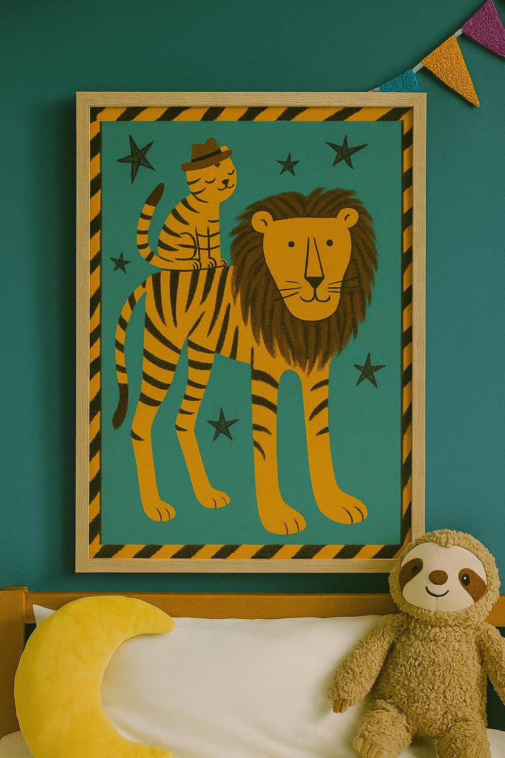 Quirky Lion Print | Retro Animal Wall Art | Kids Bedroom Decor | Whimsical Jungle Nursery Print | Bold Colourful Animal Illustration