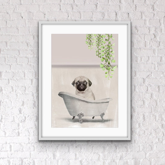 Pug in Tub Bathroom Print: Quirky Bathroom Wall Art