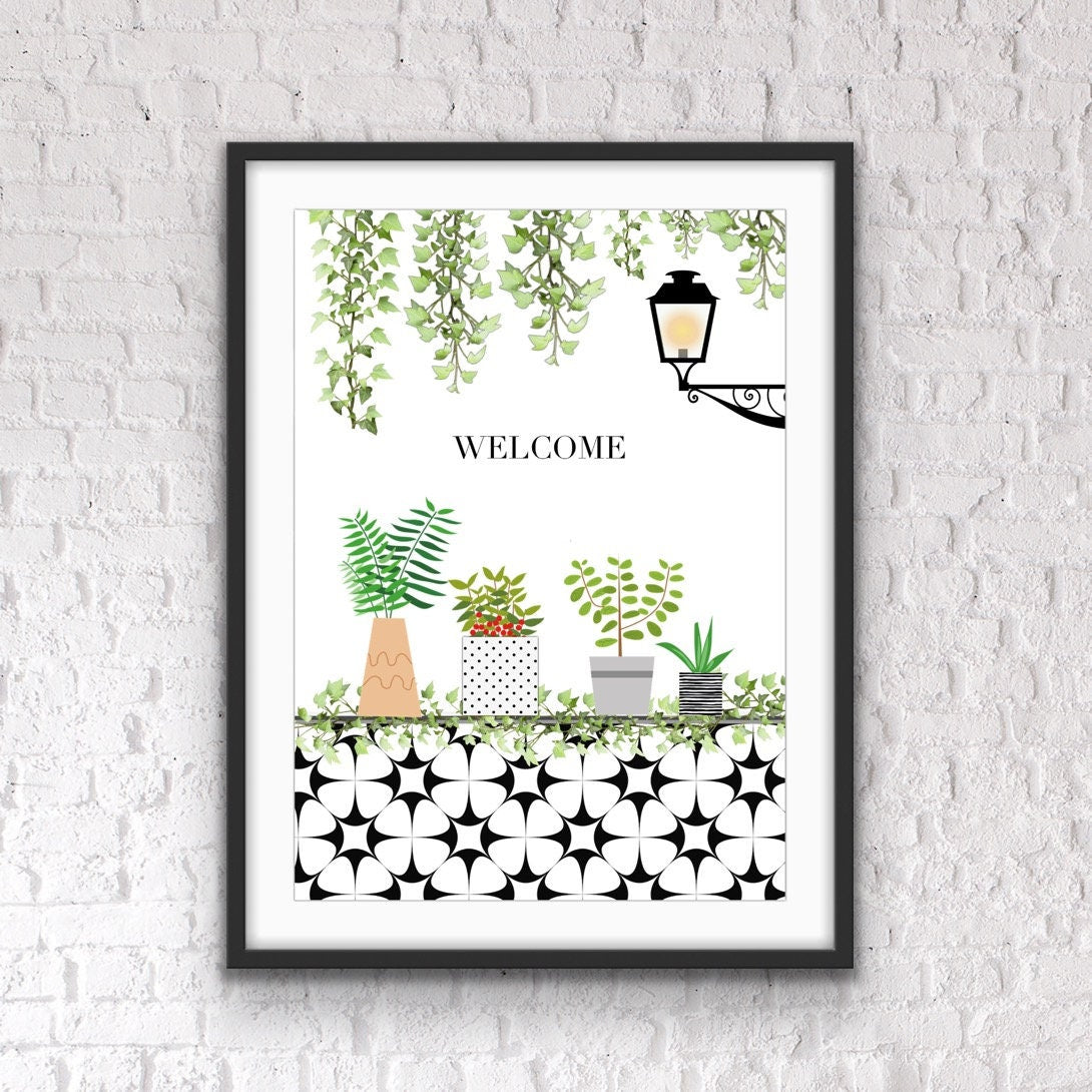 Hallway Welcome Print: Potted Plants Entryway Art
