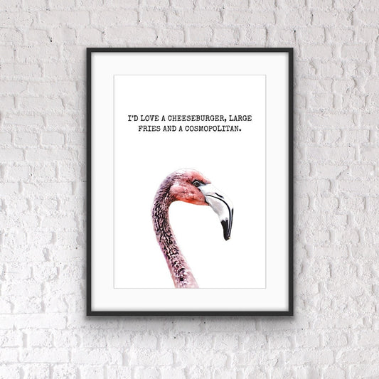 Funny Flamingo Bar Print: Cheeseburger, Fries & Cosmopolitan