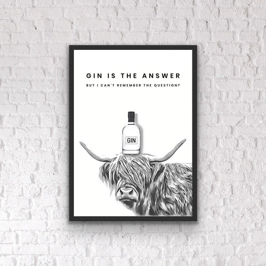 Gin Bar Quote Print: Highland Cow Home Bar Poster