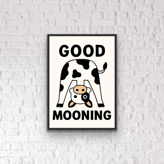 Funny Cow Print: "Good Mooning" Pun Art - Quirky Kitchen Decor