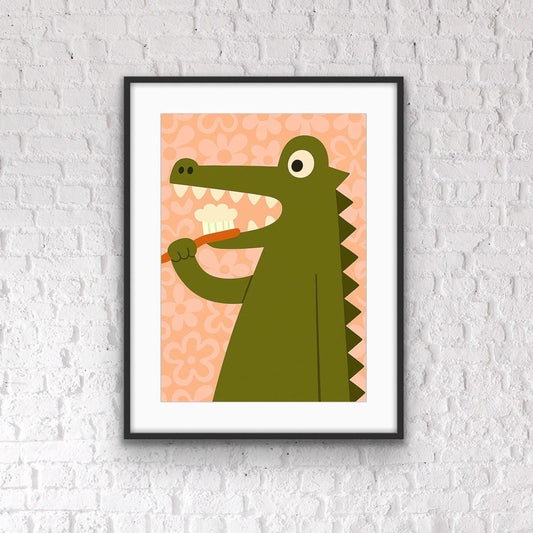 Crocodile Brushing Teeth Wall Art – Fun Bathroom Print for Kids | Quirky Animal Art | Playful Nursery Decor | Retro Style