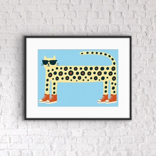 Cool Cat Wall Art – Quirky Leopard Cat Print with Sunglasses & Sneakers | Fun Animal Hallway Decor | Colourful Cat Art for Modern Homes