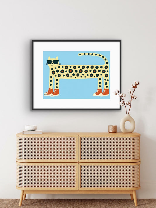 Cool Cat Wall Art – Quirky Leopard Cat Print with Sunglasses & Sneakers | Fun Animal Hallway Decor | Colourful Cat Art for Modern Homes