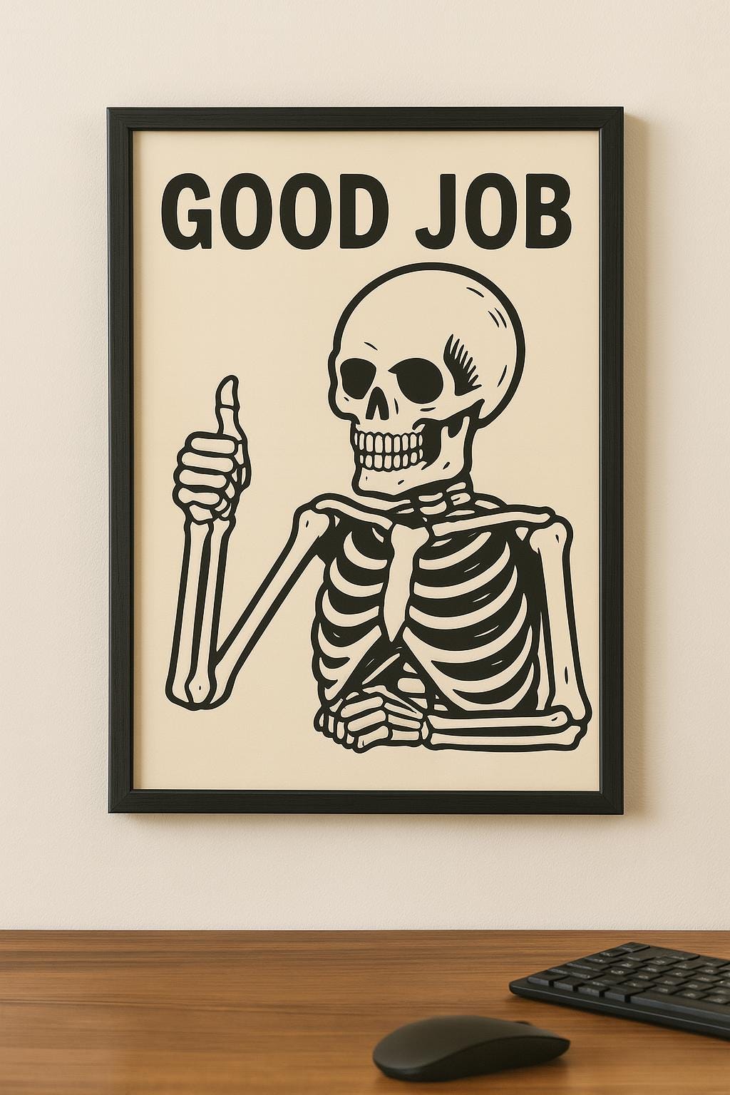 Good Job Skeleton Print – Funny Office Wall Art, Sarcastic Skeleton Poster, Quirky Work From Home Decor, Dark Humour Motivation Gift
