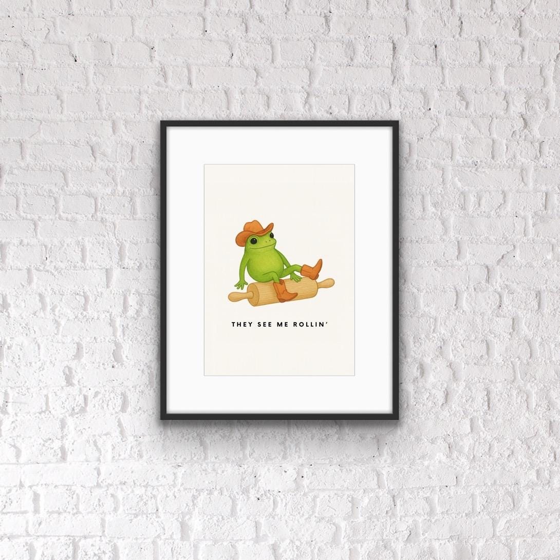 Funny Frog Kitchen Print – Cowboy Frog Wall Art – “They See Me Rollin” Baking Poster – Quirky Country Western Home Décor – Gift for Bakers