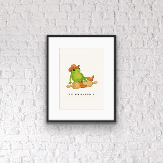 Funny Frog Kitchen Print – Cowboy Frog Wall Art – “They See Me Rollin” Baking Poster – Quirky Country Western Home Décor – Gift for Bakers
