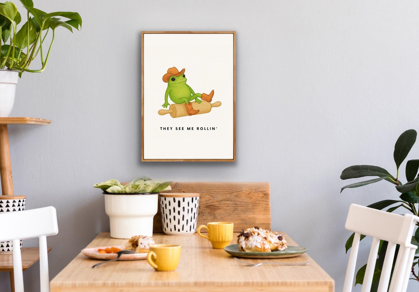 Funny Frog Kitchen Print – Cowboy Frog Wall Art – “They See Me Rollin” Baking Poster – Quirky Country Western Home Décor – Gift for Bakers