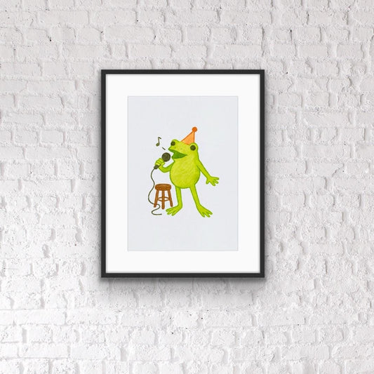 Funny Karaoke Frog Print: Quirky Animal Art for Music Room