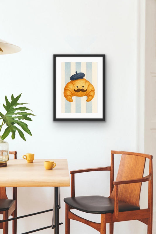 Whimsical Croissant Wall Art Print | Cute French Kitchen Decor | Funny Food Illustration | Quirky Breakfast Artwork | Funny Kitchen Prints