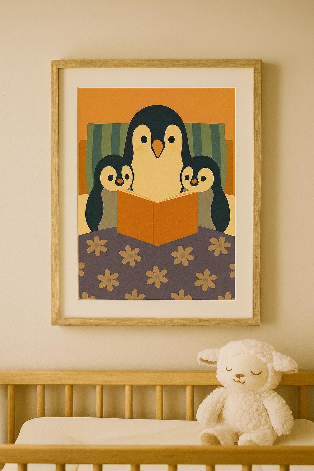 Penguin Family Reading Print | Nursery Wall Art | Cute Animal Illustration for Kids Room | Cosy Bedtime Penguin Print | Penguin wall decor