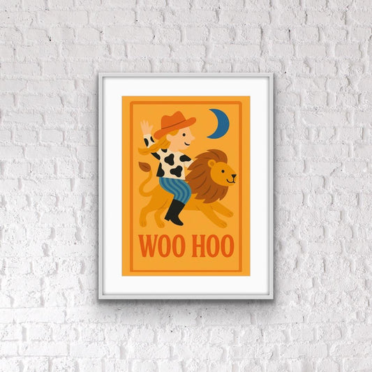 Woo Hoo Cowgirl and Lion Print | Kids Wall Art | Retro Western Nursery Print | Bold Animal Illustration | Playroom or Bedroom Decor