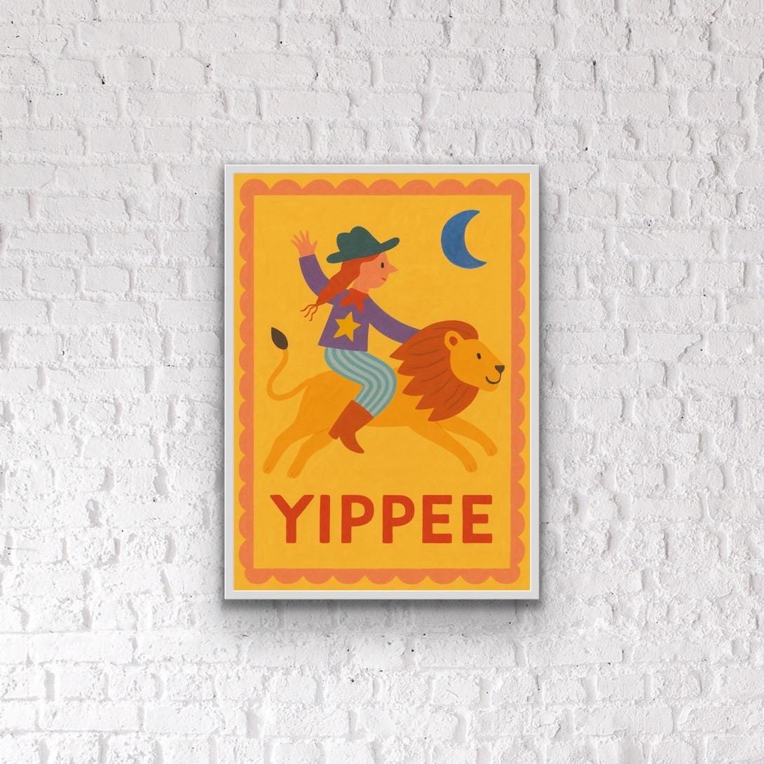 Yippee Cowgirl and Lion Print | Retro Kids Wall Art | Bold Colourful Nursery Print | Adventure Bedroom Decor | Western Style Kids Room