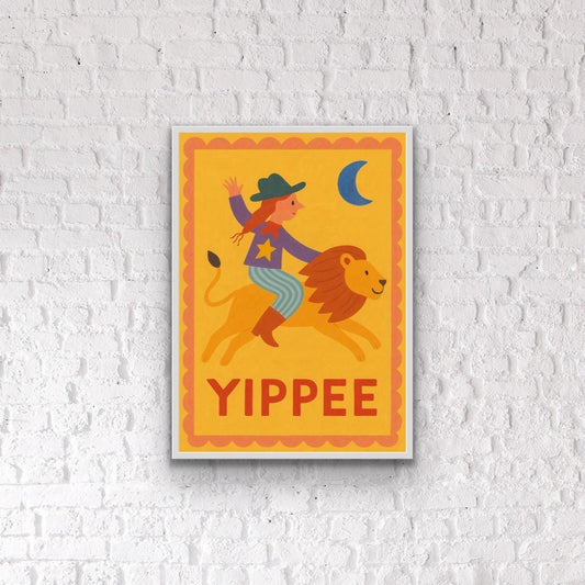 Yippee Cowgirl and Lion Print | Retro Kids Wall Art | Bold Colourful Nursery Print | Adventure Bedroom Decor | Western Style Kids Room