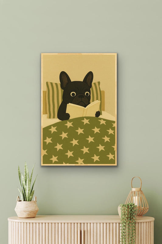French Bulldog Print | Cute Dog Illustration | Calm Bedtime Wall Art | Olive & Cream print | Quirky Animal Print | Cozy Bedroom Wall Art