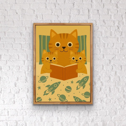 Kitten Family Reading Print – Space Theme Nursery Wall Art, Cute Cat Bedroom Decor, Cosmic Blanket Storytime Illustration