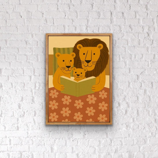 Lion Family Reading Print – Safari Animal Nursery Wall Art, Jungle Theme Bedroom Decor, Cute Animal Family Illustration