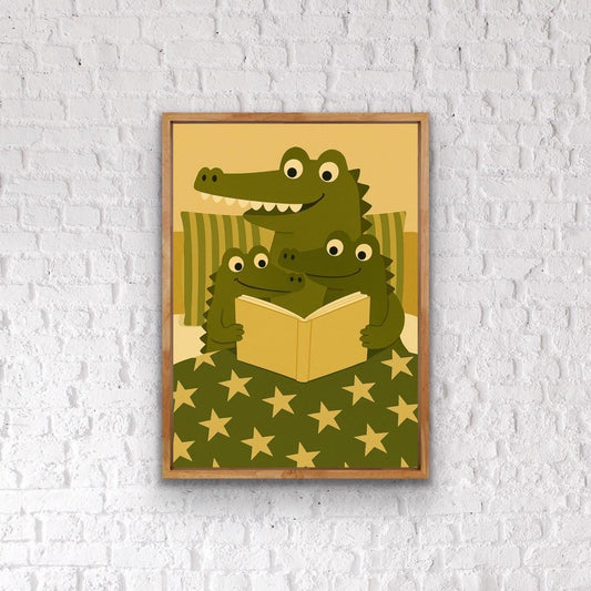 Crocodile Family Reading Print | Nursery Wall Art | Cute Animal Print for Kids Room | Storytime Crocodile Illustration | Nursery Decor