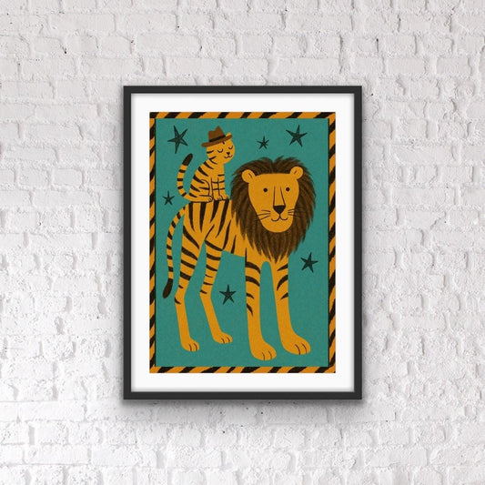 Quirky Lion Print | Retro Animal Wall Art | Kids Bedroom Decor | Whimsical Jungle Nursery Print | Bold Colourful Animal Illustration